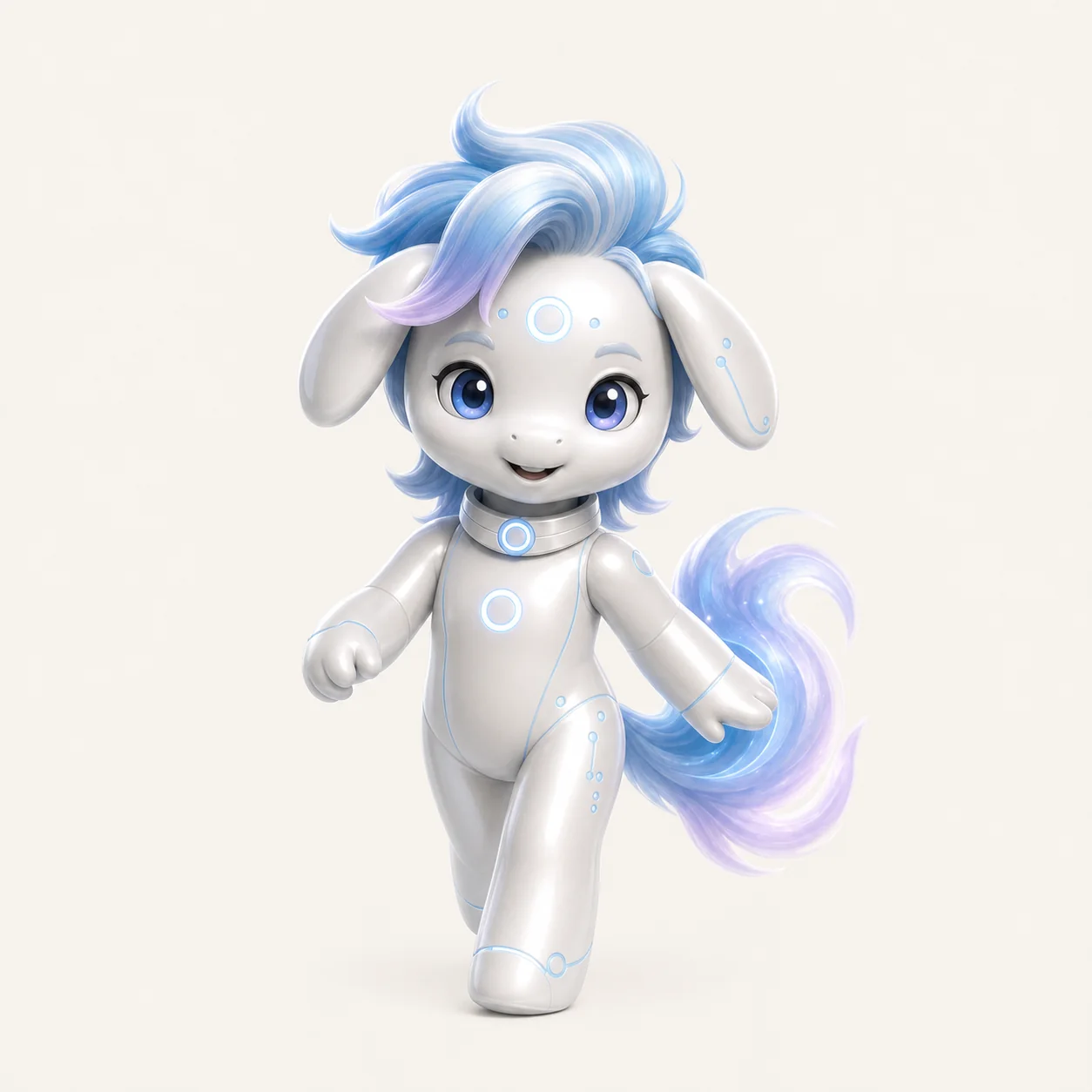 Loopi v0.3，以向前迈步姿态和成熟珍珠陶瓷质感呈现的虚拟 AI companion